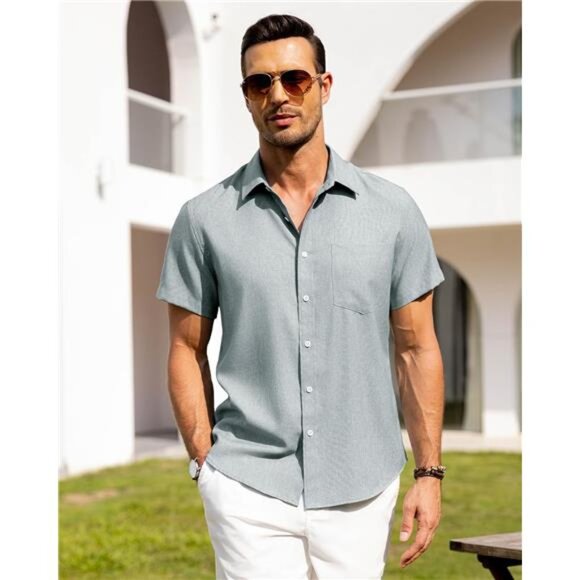 Mens Linen Shirts Button Down Aqua Blue - Picture 3 of 5